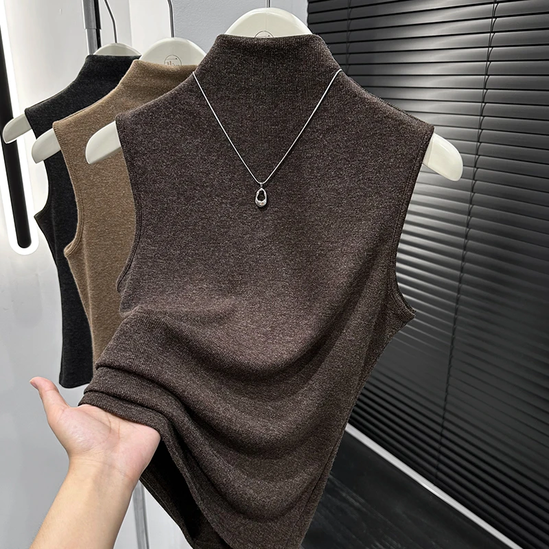 松弛感咖啡色修身高领无袖上衣2025秋冬新款叠穿保暖气质弹力背心