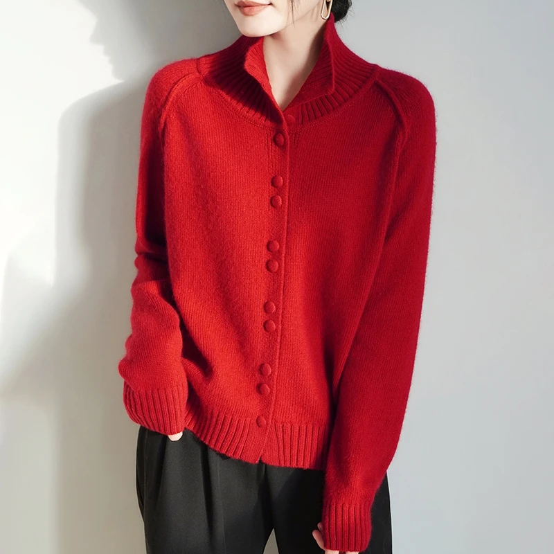 新款加厚高领包扣宽松慵懒简约大气时尚女士插肩袖开衫羊毛外套