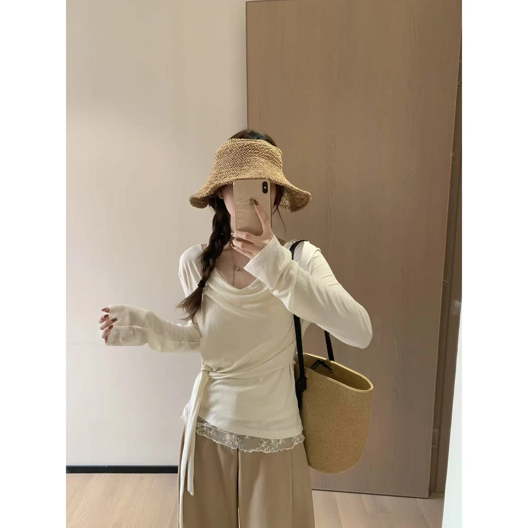 【现货】绑带收腰露肩一字肩T恤女韩女高智感修身显身材上衣