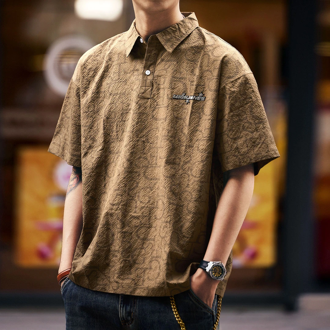 格蓝鹿美式复古泡泡纱冰丝凉感polo衫男夏季薄款宽松休闲短袖体恤