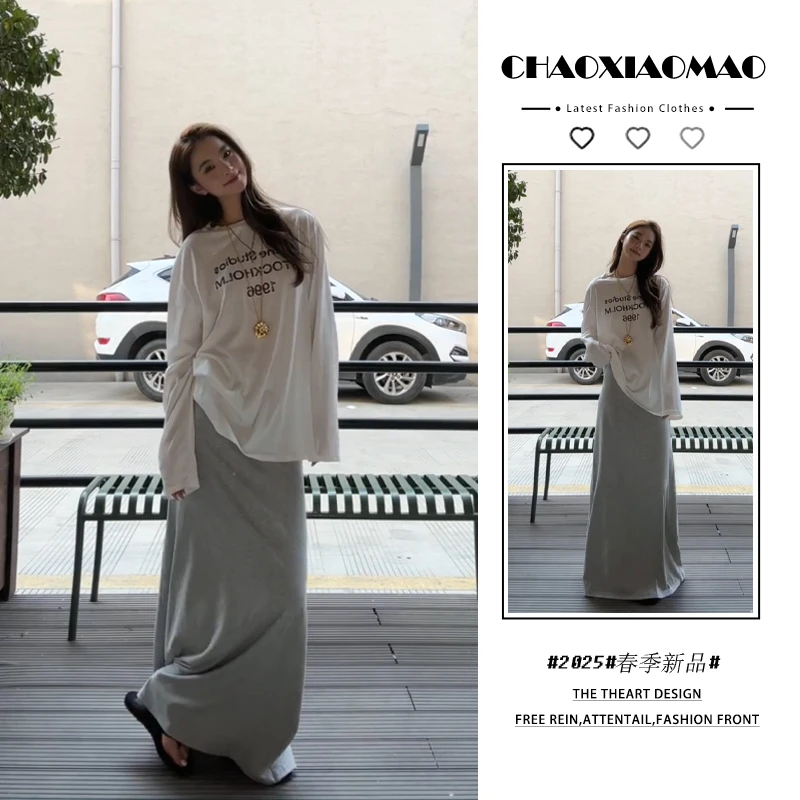 2025年夏季新款韩穿搭套装女慵懒风宽松长袖字母上衣半身裙两件套