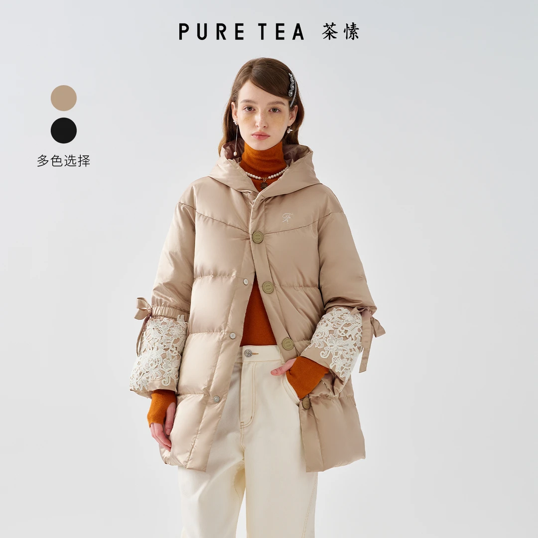 【花漾蕾丝】茶愫连帽中长廓形90%鸭绒女冬新KF3102D41