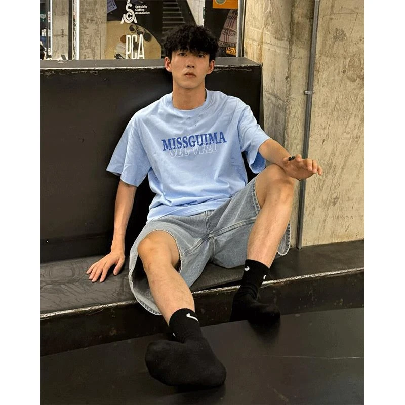 欧美式新潮牌小众字母纯棉重磅短袖T恤男夏季高街浅蓝色半袖上衣