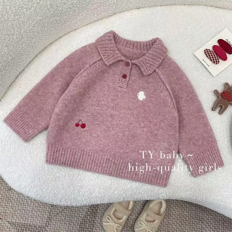 女童冬季新款针织衫洋气女宝宝翻领休闲保暖毛衣