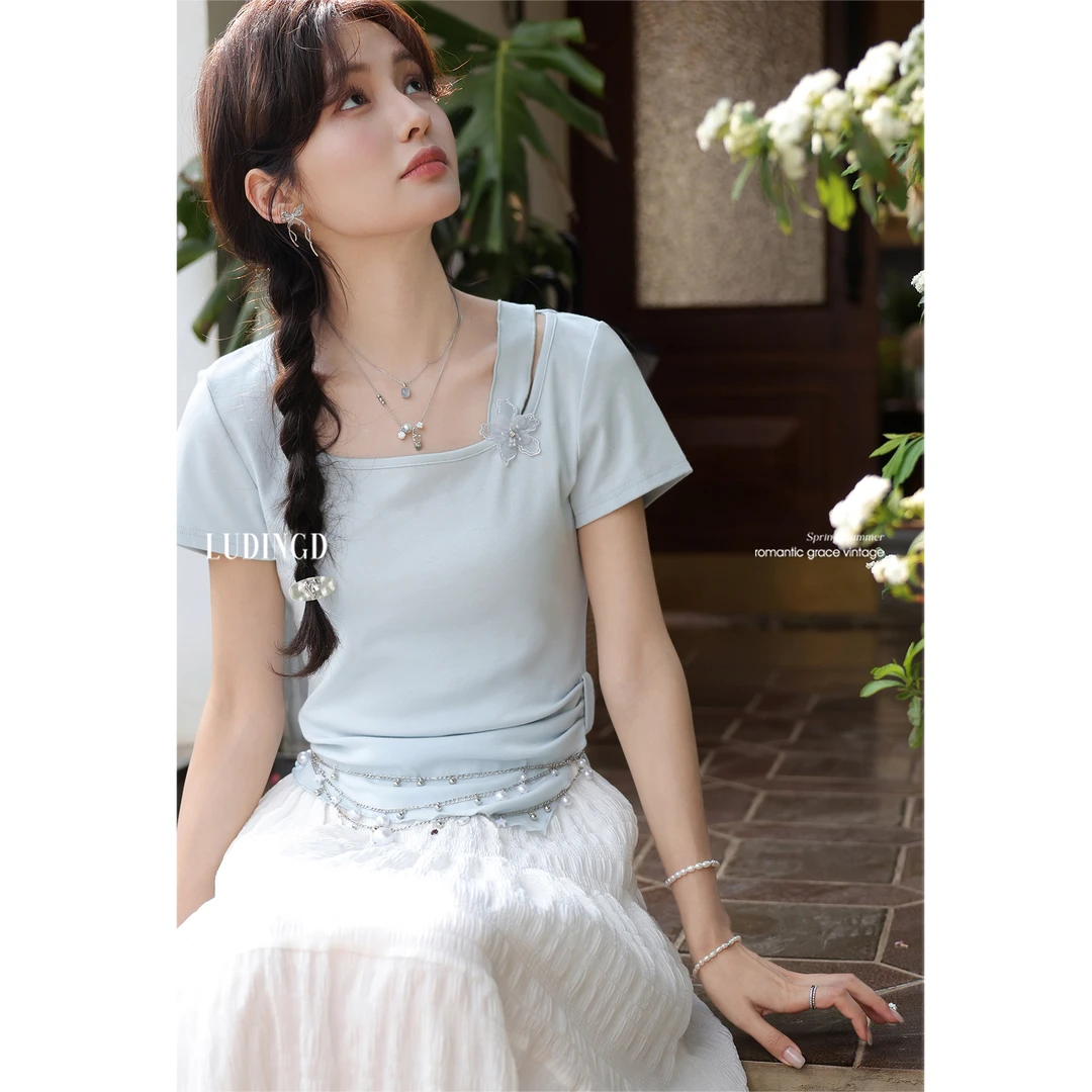 鹿盯盯微胖大码女装胖mm蓝色方领正肩短袖t恤女夏季修身显瘦上衣