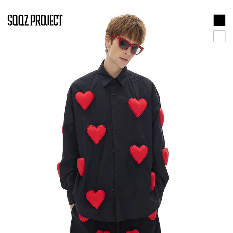 SQQZ PROJECT春秋立体满幅小爱心塞棉长袖衬衫宽松休闲衬衣情侣