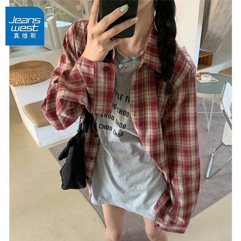 真维斯复古红色格子衬衫男女同款2025新款秋季潮牌大码设计感外套