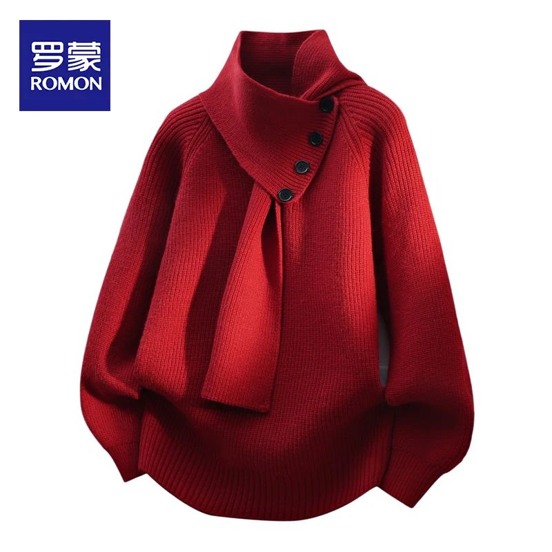 罗蒙可拆卸围脖红色毛衣冬季慵懒风2025新款情侣长袖针织衫上衣男