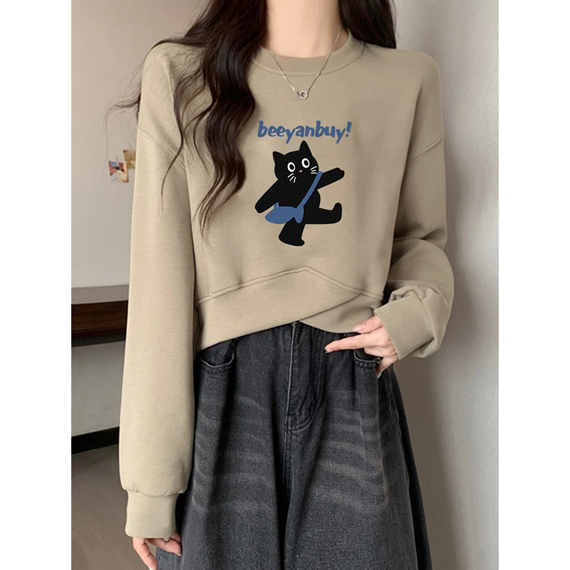 卡其色圆领短款卫衣女小个子薄款2025秋季新款不规则高腰长袖上衣