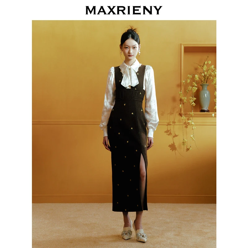 MAXRIENY【商场同款】复古宫廷背带连衣裙开衩包臀显瘦裙子2025春季
