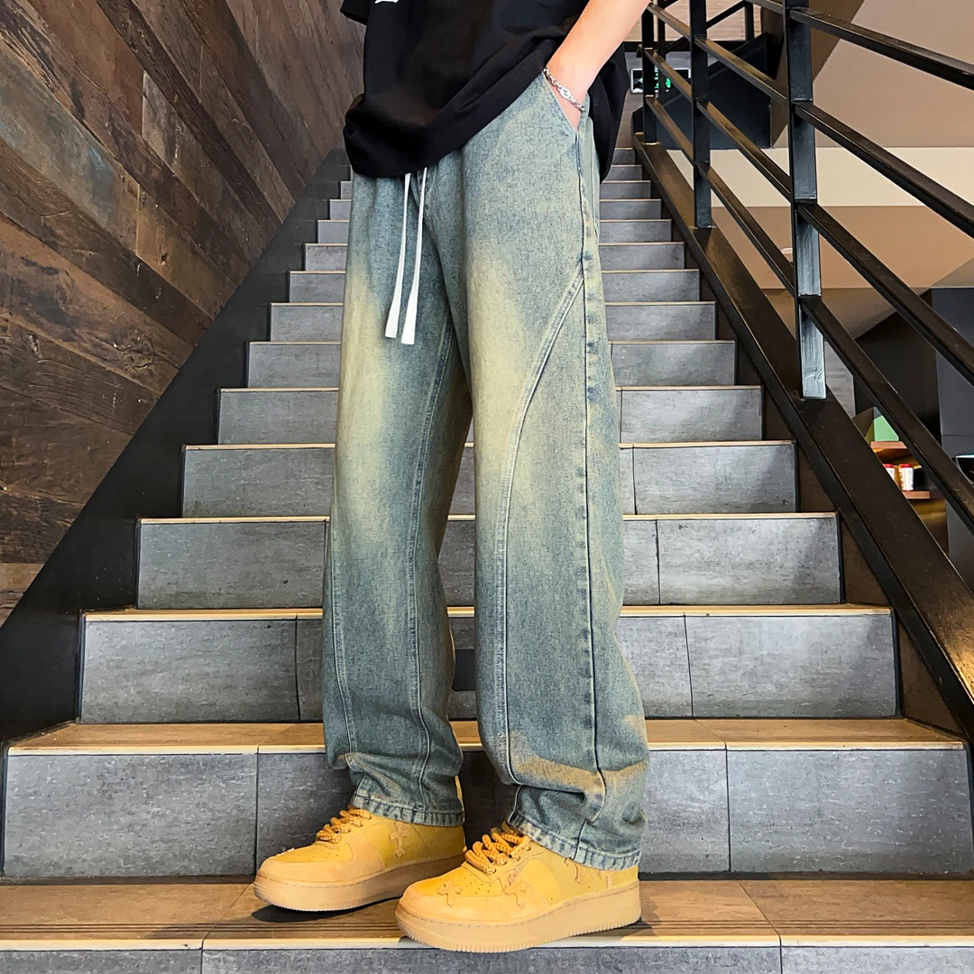 美式复古蓝牛仔裤男士直筒宽松水洗做旧高街痞帅阔腿拖地休闲长裤