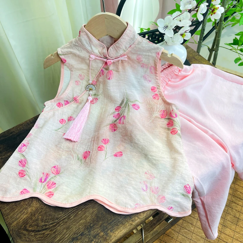 【郁金香】女童新中式常规碎花薄款中国风套装女童无袖休闲粉色