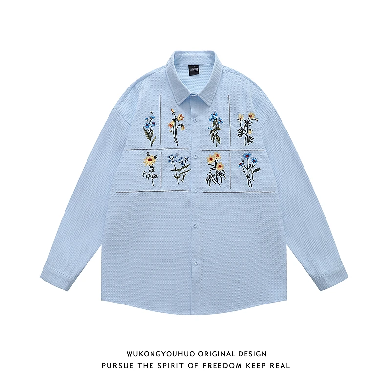 悟空有货2025秋季花卉刺绣长袖衬衫男日系简约休闲华夫格情侣衬衣