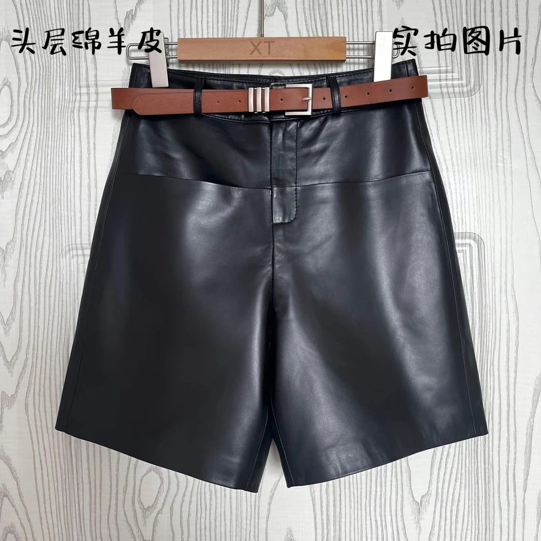 2024新款高腰绵羊真皮五分裤皮裤休闲显瘦宽松直筒外穿阔腿短裤