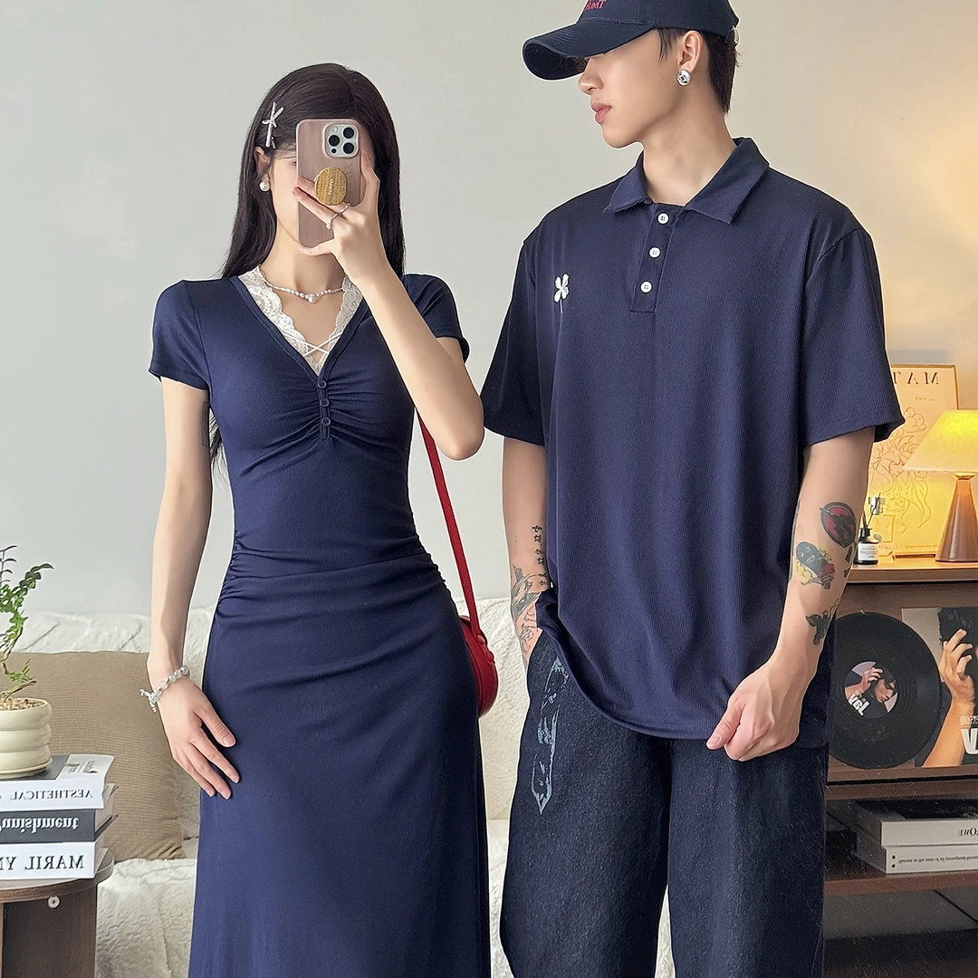 情侣装一裙一衣夏季韩系短袖POLO衫收腰显瘦连衣裙小众设计感刺绣