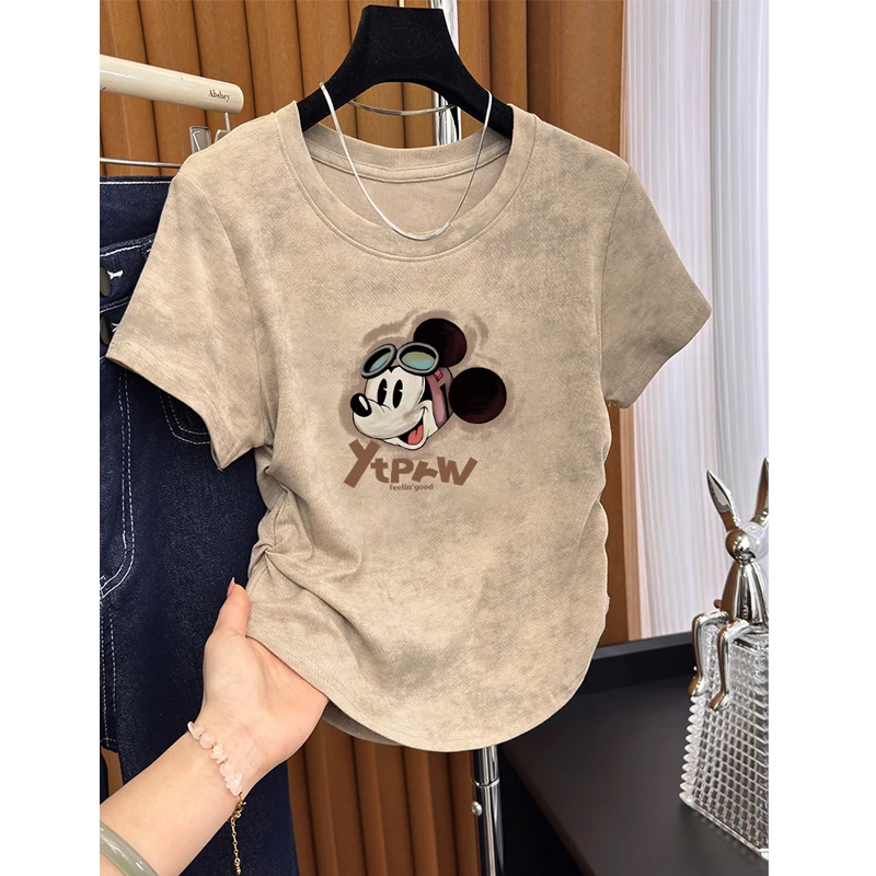 正肩扎染短袖T恤女夏季新款圆领侧边褶皱收腰显瘦不规则短款上衣