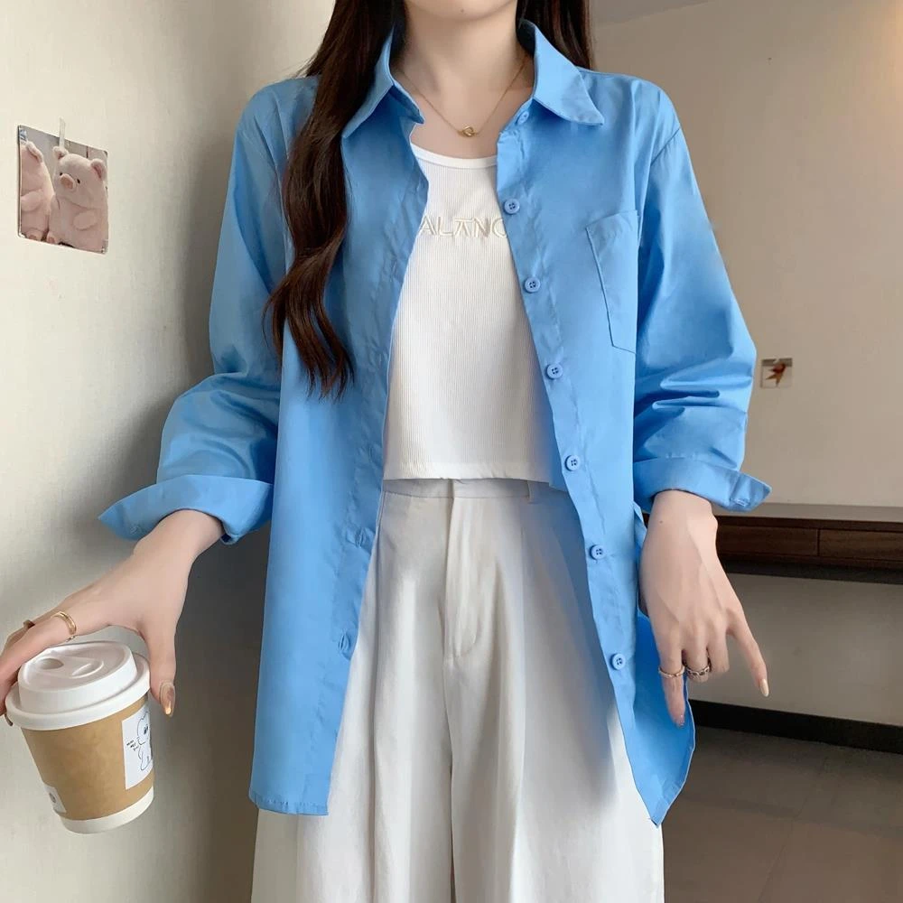 实拍2025秋装大码女装蓝色衬衫上衣高级感通勤百搭衬衣