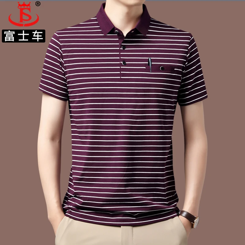 【纯棉】中老年男士t恤短袖品牌爸爸polo衫夏季真口袋宽松条纹上衣
