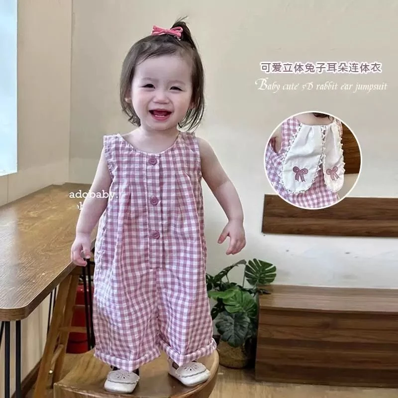 女童夏装可爱格子薄款无袖背带裤宝宝婴儿洋气超萌连体衣夏季衣服