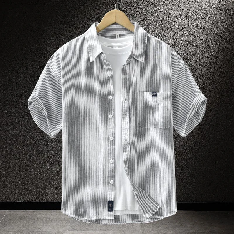Cebrodz条纹短袖衬衫男士夏季新款休闲文艺纯棉衬衣日常穿搭上衣