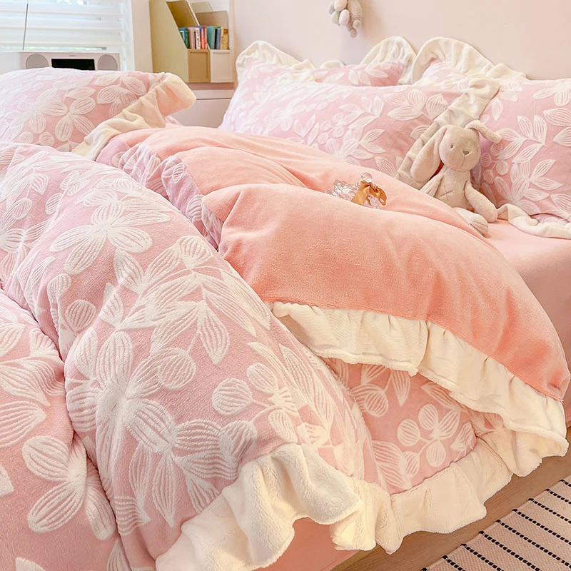牛奶绒床上四件套公主风花边珊瑚法兰绒床单被套三件套2024新款