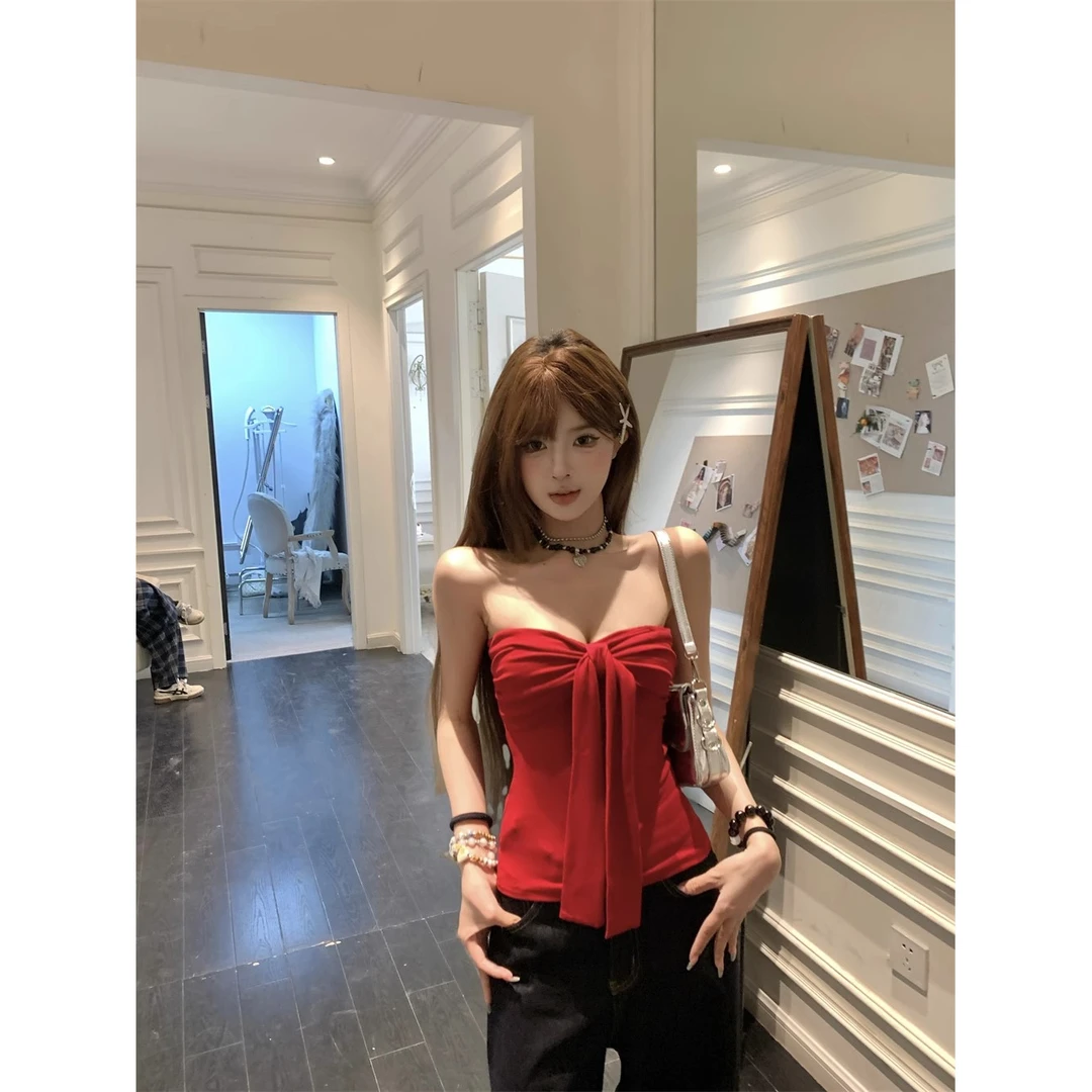 夏季新款辣妹风红色性感抹胸蝴蝶结系带背心内搭女生修身显瘦上衣