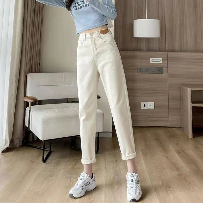 米白色牛仔裤女2025秋季新款高腰显瘦韩版宽松百搭休闲老爹休闲裤