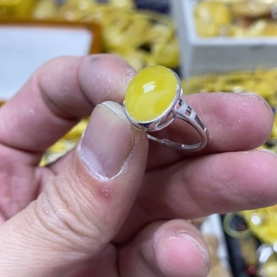 蜜蜡裸石银S925镶嵌戒指