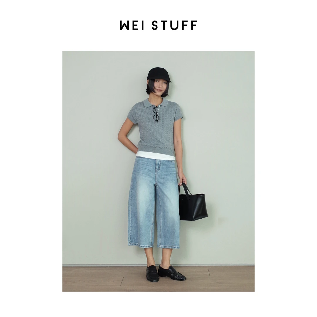 WEI STUFF  韵律春季100棉简约高腰百搭直筒休闲八分牛仔裤 8744.