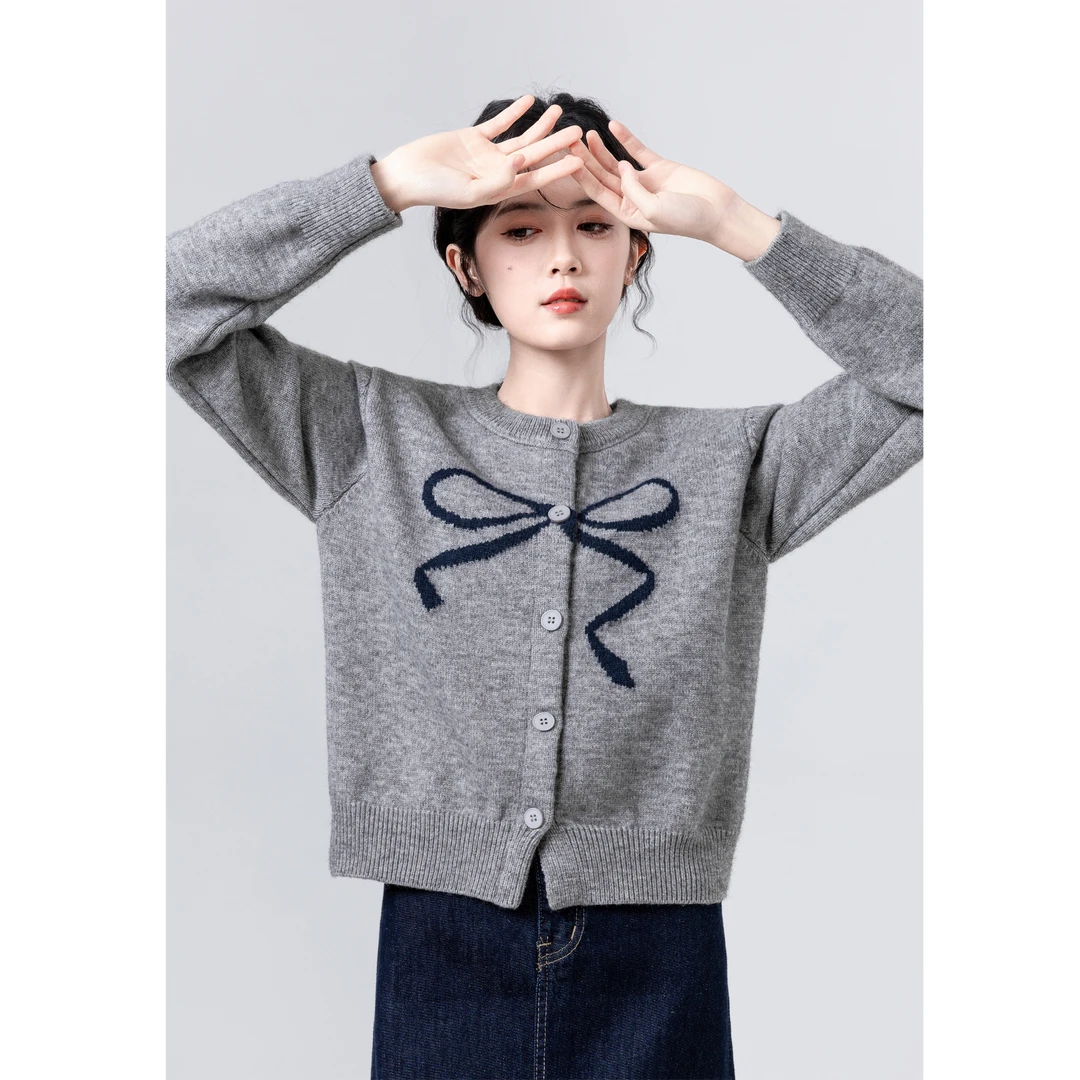 复古灰色毛衣外套女春秋2025新款圆领撞色蝴蝶结针织开衫短款上衣