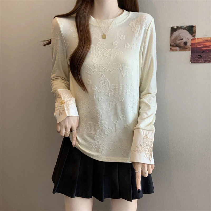 新中式提花正肩长袖T恤女早秋季大码胖mm显瘦内搭国风盘扣打底衫