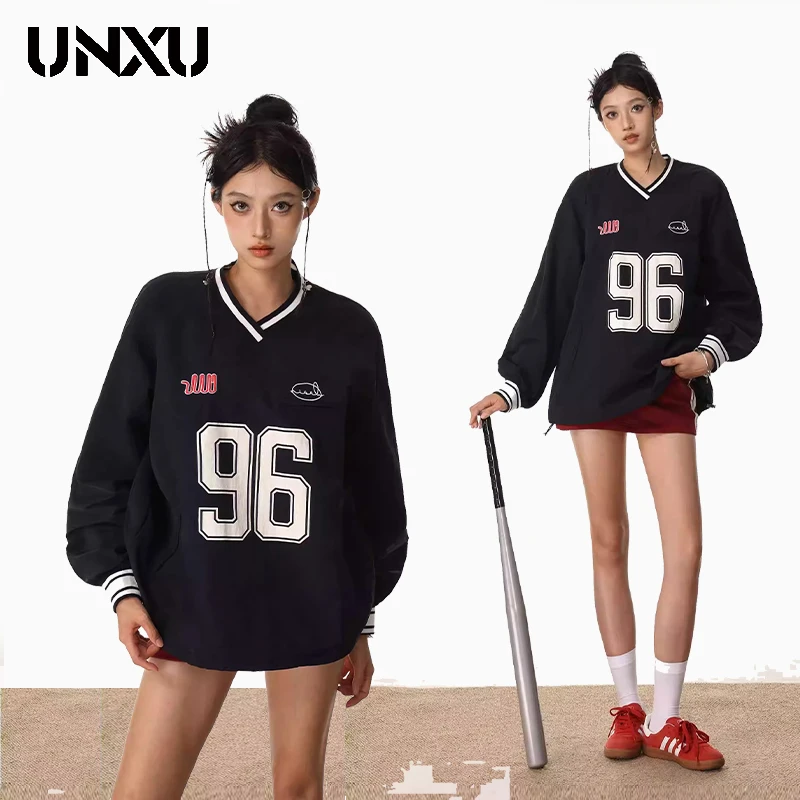 UNXU美式球衣运动长袖卫衣女小众复古宽松休闲V领套头情侣款上衣