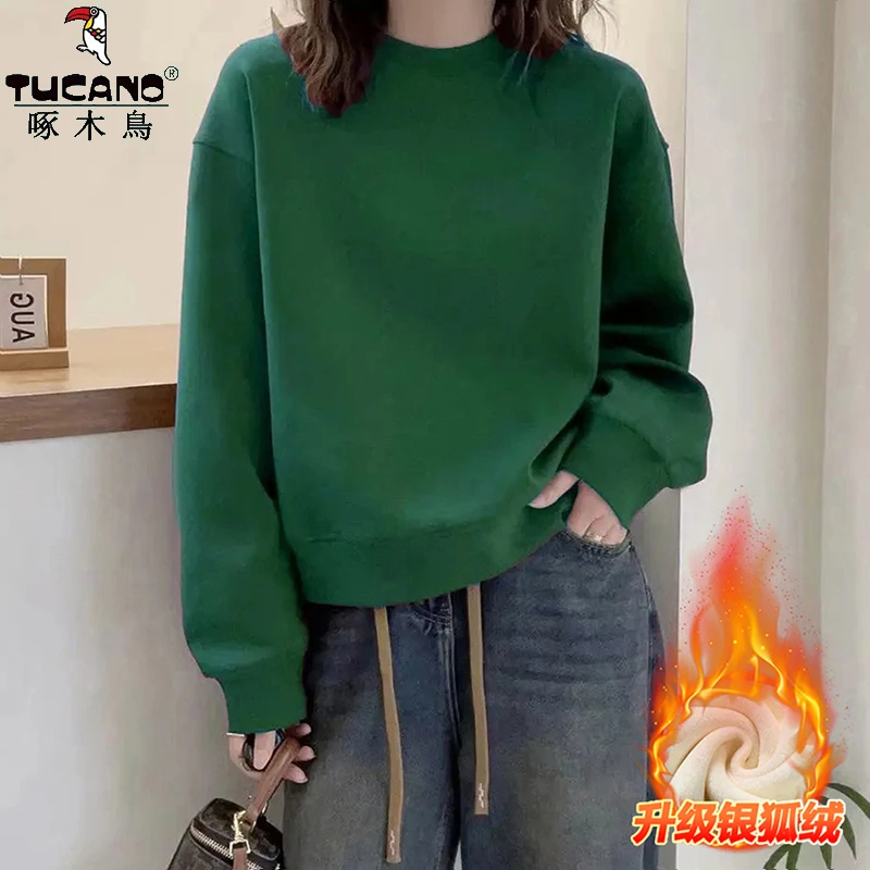 啄木鸟纯棉复古秋冬加绒加厚新款纯色卫衣宽松女搭洋气长袖上衣女