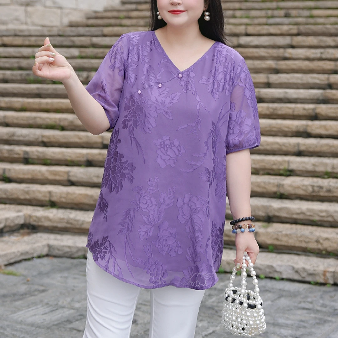 【国风系列*花开富贵】MsShe大码女装2025夏雪纺短袖小衫S~B2506029