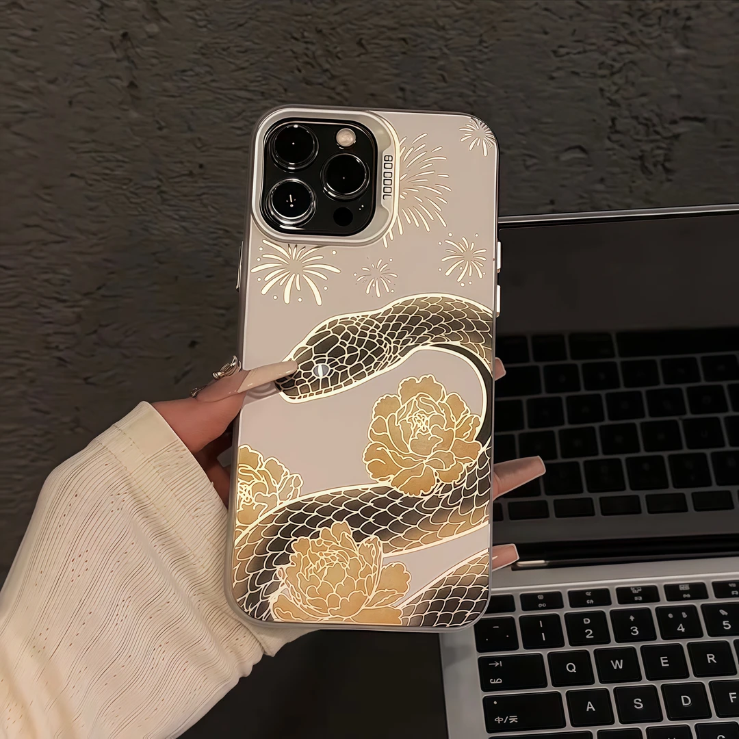 黑金牡丹花蛇适用苹果iPhone15/16promax蛇年手机壳13/14蛇来运转