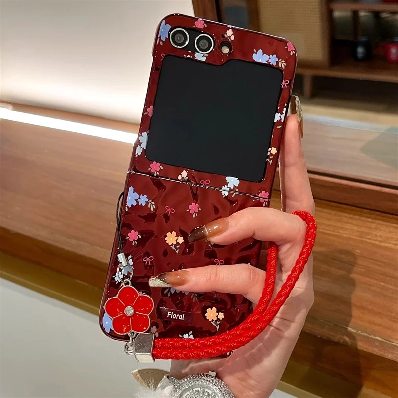 适用三星ZFlip5手机小碎花电镀褶皱手提绳w24flip保护壳时尚F7310