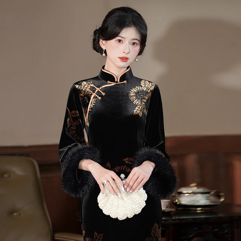 新中式旗袍日常可穿2025秋冬复古改良加厚国风裙子高端老上海礼服