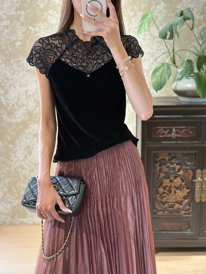 【MINZI敏子女装集合店】法式蕾丝拼接植绒小衫