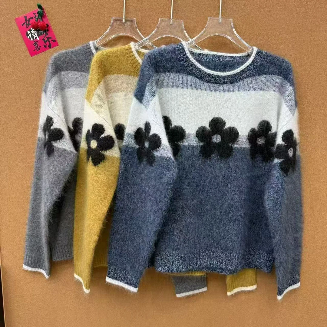 【丂枧家黑花】少女风刺绣常 圆领休闲风毛衣针织羊绒衫提花女士002