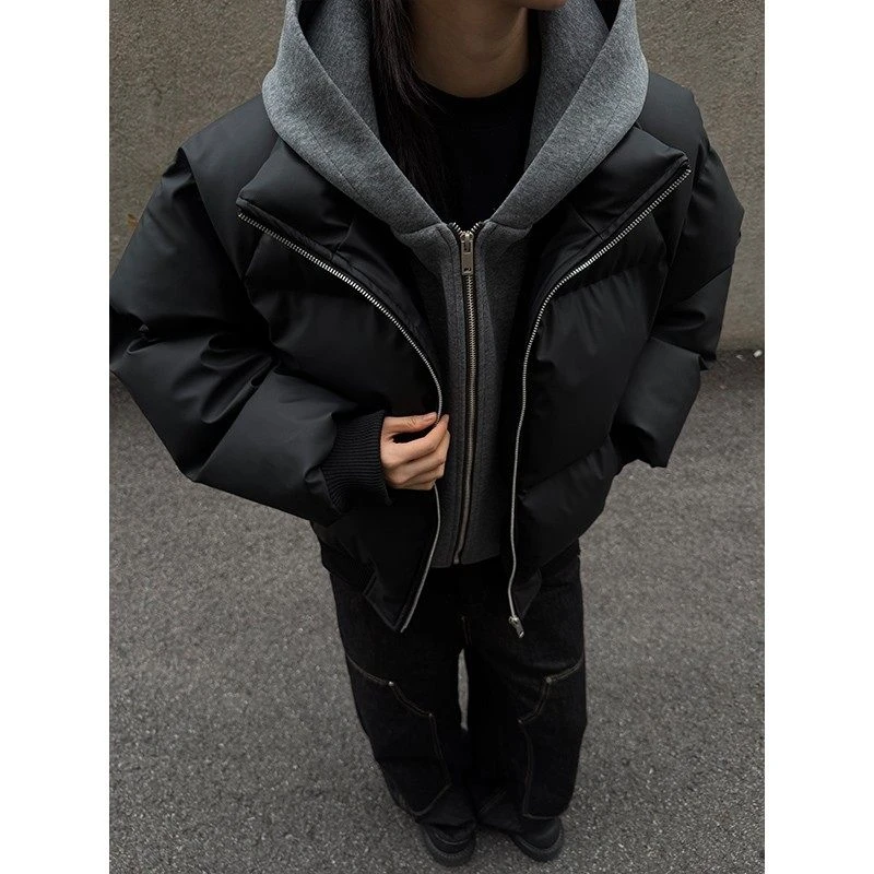 冬季假两件连帽百搭短款基础宽松个性情侣皮棉服