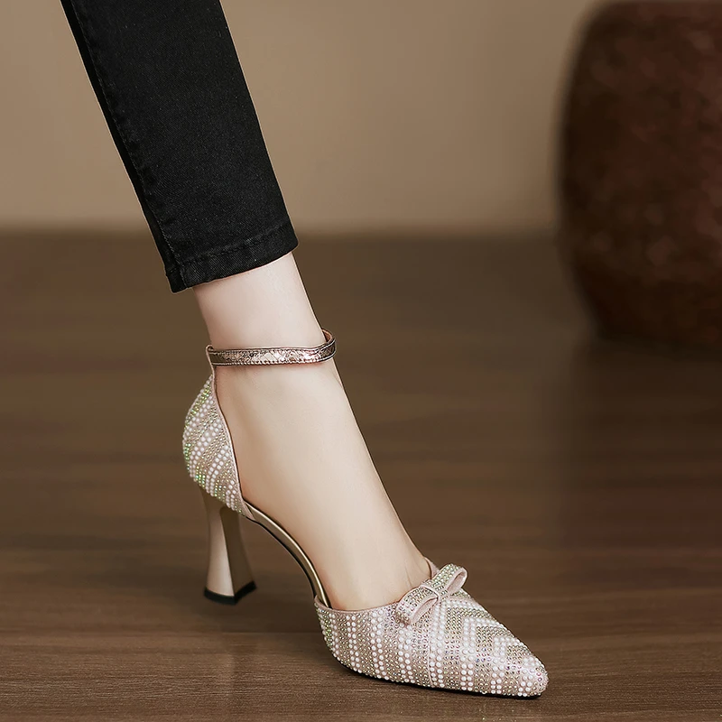 小个子手工女鞋8cm~高级感水晶凉鞋新款粗跟百搭时尚仙女风高跟鞋