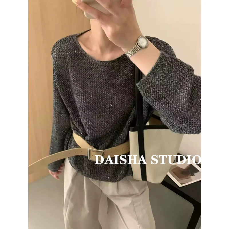 【星河】韩系慵懒百搭长袖镂空亮片针织衫女宽松显瘦气质洋气上衣潮