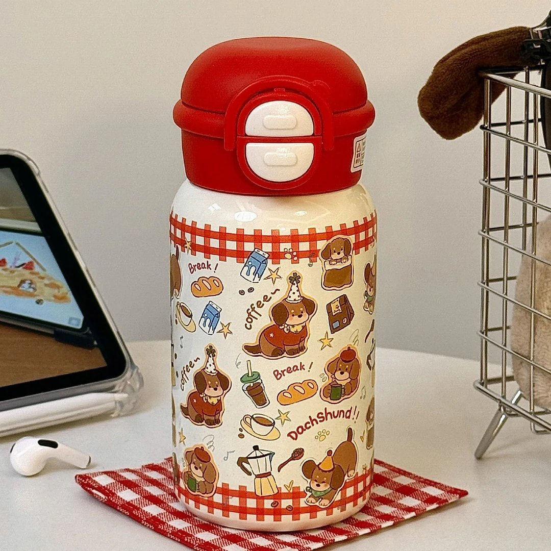 红格子小狗可爱保温杯高颜值大容量创意手提便携带吸管学生水杯