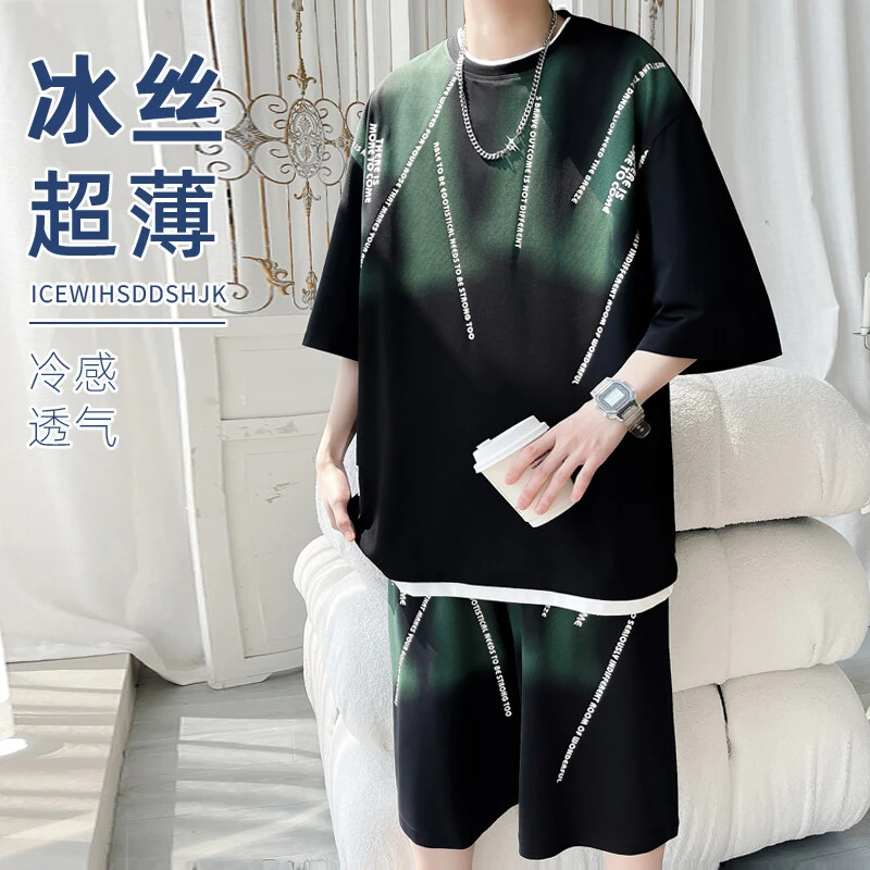 隐匿者冰丝套装男2025夏季新款港风印花字母假两件短袖短裤两件套