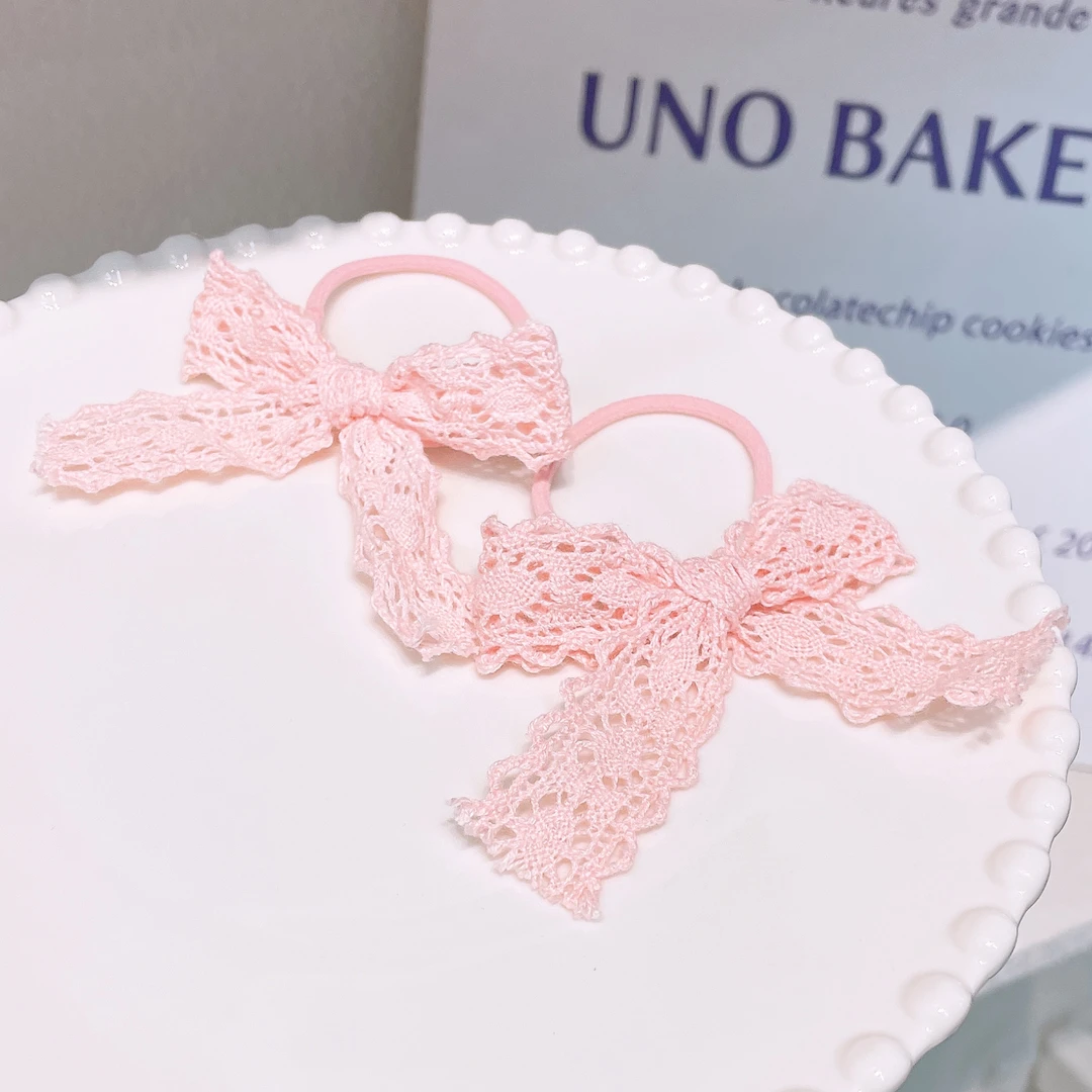 A-6470  ad 1对粉色蕾丝蝴蝶结高弹力韩系布艺耐用头绳      发圈