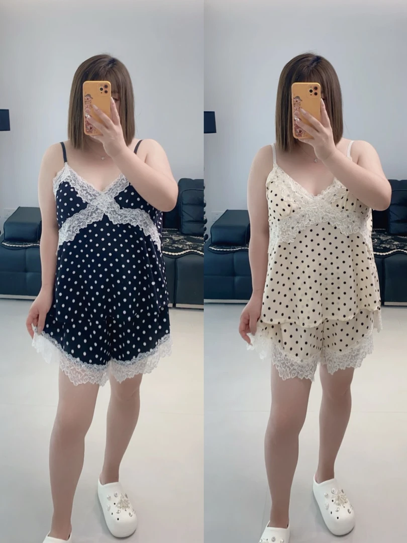 【有运险】夏季新款可拆胸垫波点蕾丝吊带短裤套装女睡衣大码家居服