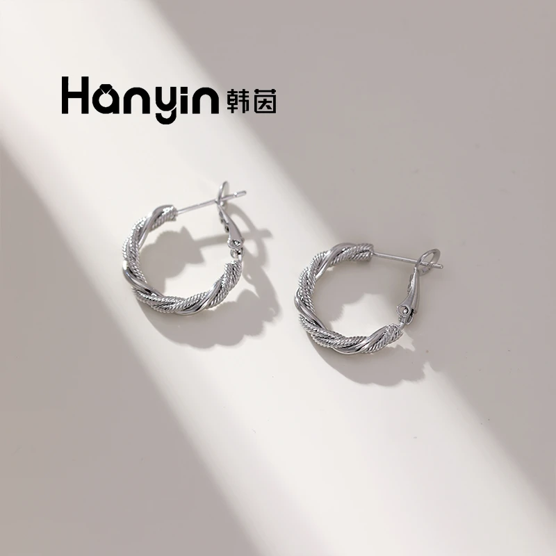铜合金耳饰 925银针2cm复古麻花辫耳圈耳饰通勤简约百搭