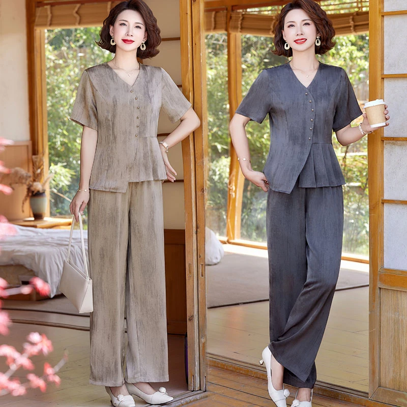 妈妈装夏装洋气短袖套装中老年女装时尚气质显瘦上衣阔腿裤两件套
