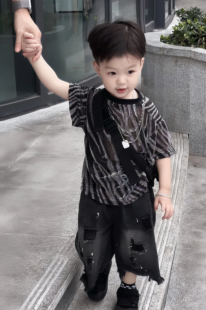 儿童男童夏季2025新款韩版套装条纹短袖百搭涂鸦牛仔短裤潮C116