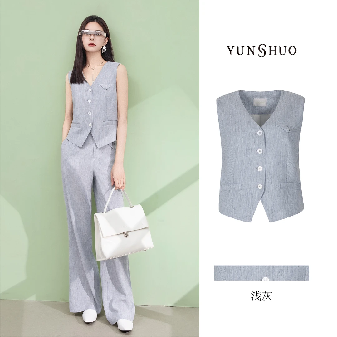 允硕新品时尚百搭气质休闲女V领无袖百搭简约马甲上衣外套625054